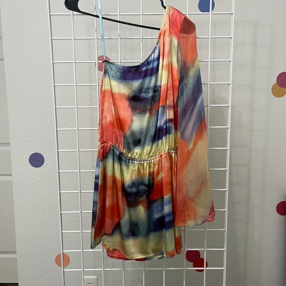 Marciano rainbow watercolor one shoulder silk tunic